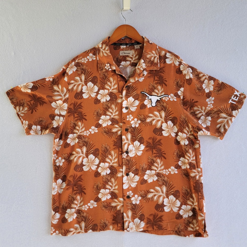 Chiliwear Texas Longhorns Hawaiian Shirt Mens XL‎ Burnt Orange Rayon Floral Camp